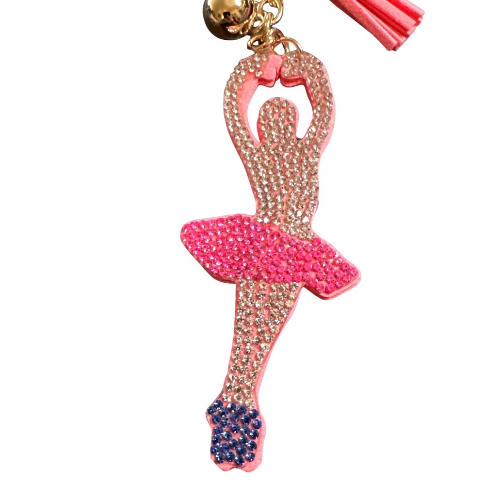 Pink Rhinestone Ballerina Keychain Bag Charm with Tassel and Bell Gold Tone